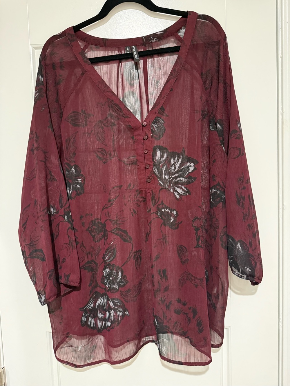 Maurices Burgundy Sheer Floral V-Neck Tunic